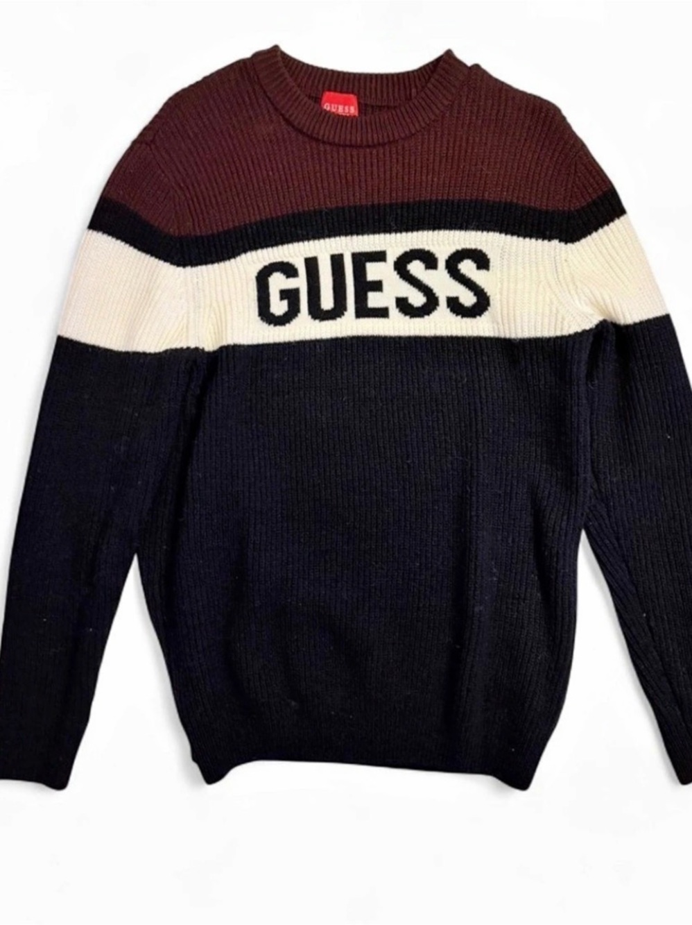 GUESS Color Block Crewneck Sweater in Blue & Burgundy Like New